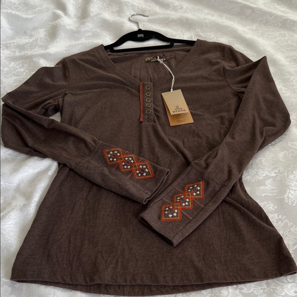 Prana Espresso  Long Sleeve Henley Top with Embroidery in size medium